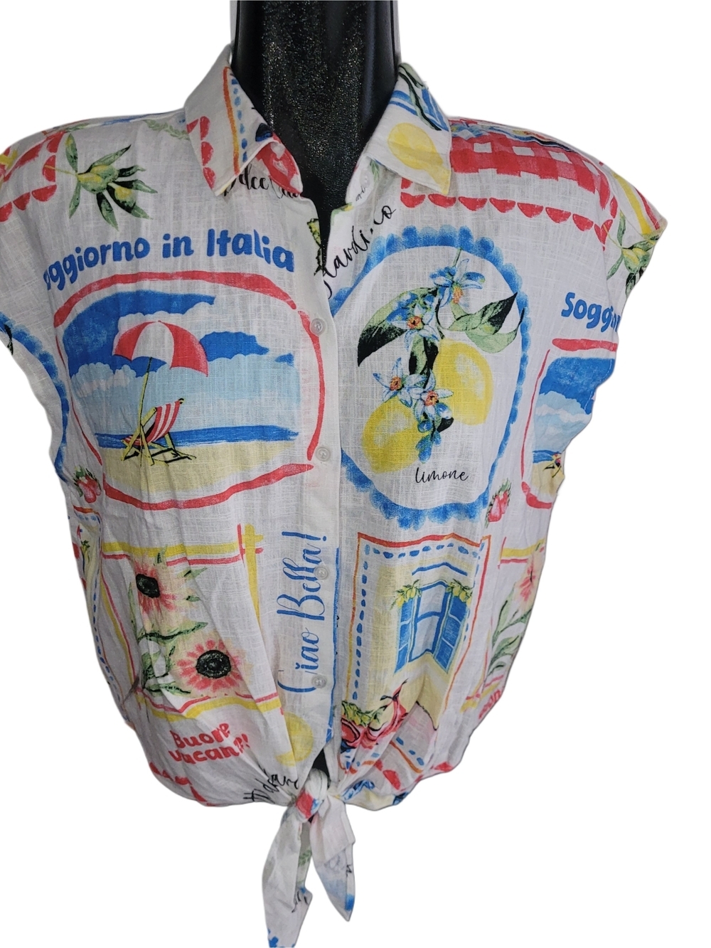 Haver & Blair Linen Blend Button-Up Summer Print Tie-Front Shirt Size L